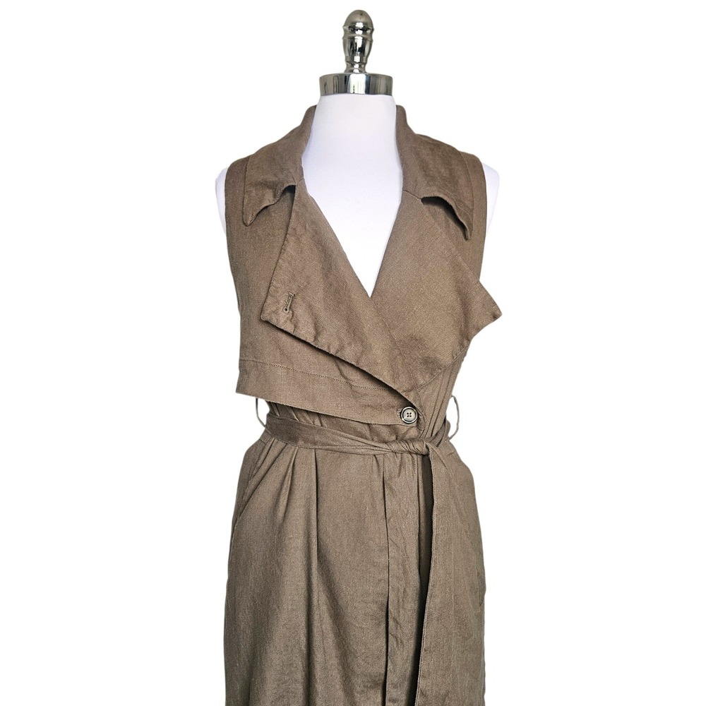 Anthropologie Hollis Tie Front Olive Sleeveless Trench Coat Vest Dress  Sz Small